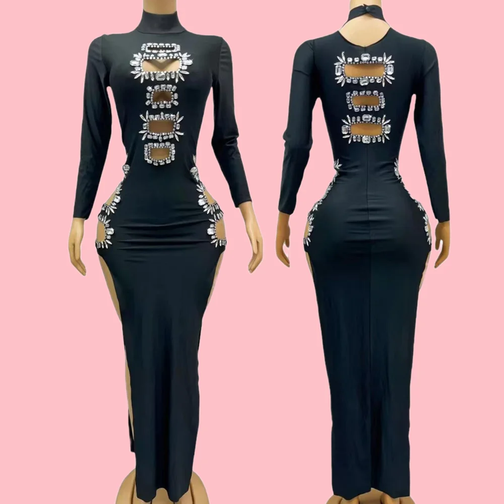 Vestido largo sexi recortado con diamantes de imitación para boda y cumpleaños, vestido largo con abertura larga para banquete de noche, traje de fiesta para discoteca, vestido de desfile