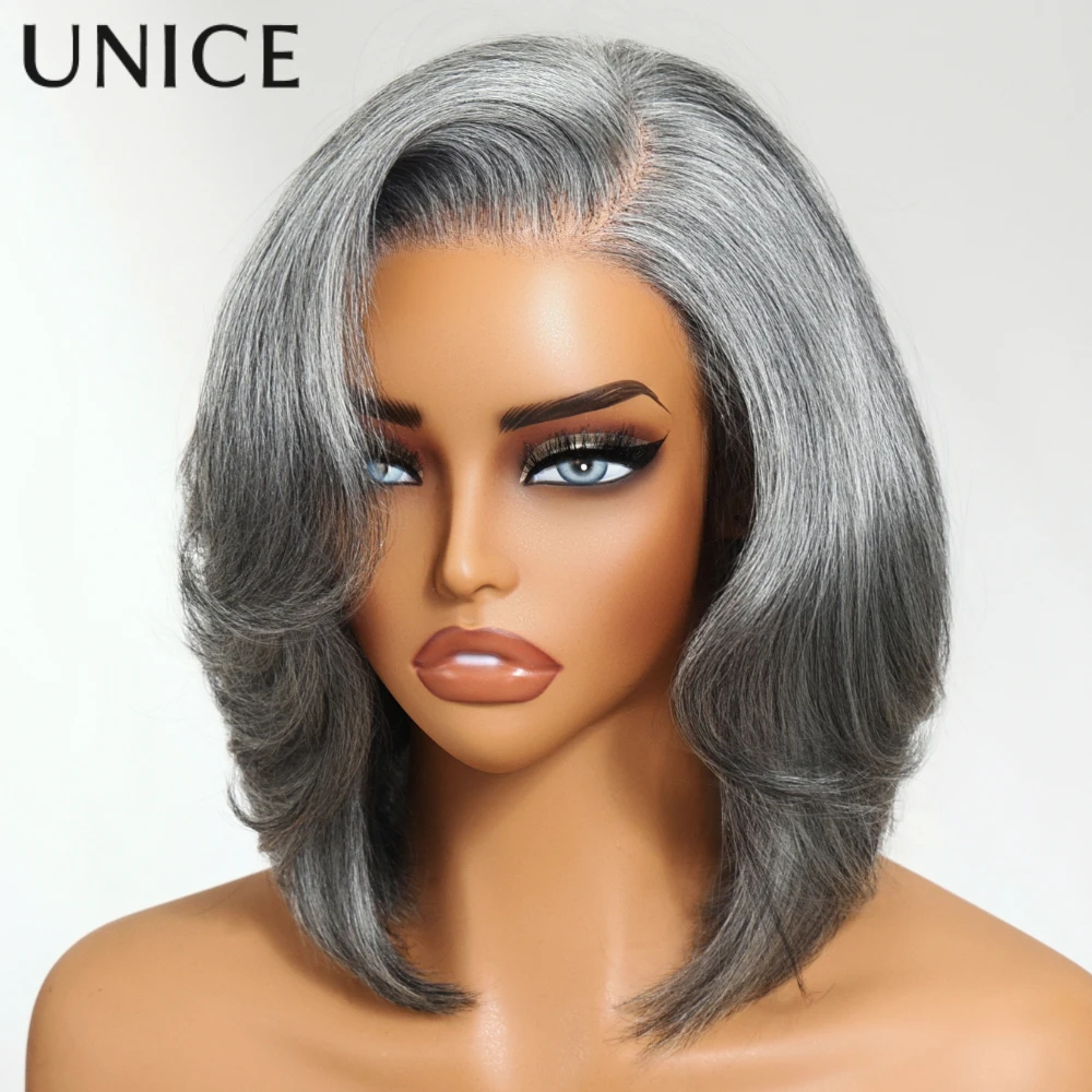 UNICE Hair Side Part Grey Bob Wig Pre Cut 6.5x1.5 Lace Layered Blowout Salt & Pepper Glueless Wig Human Hair Ready To Wear