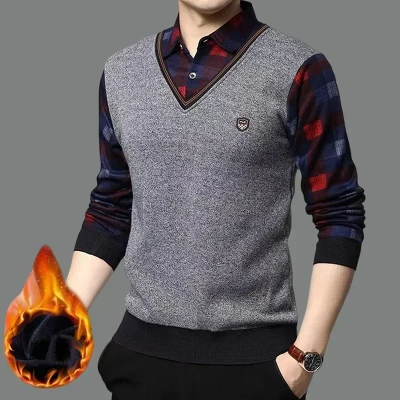 New Autumn Winter Men's Plaid Shirt-Neck Sweater Wool Thick Fleece Pullover Casual Warm Knitted Sweater for Men Lapel Sweatshirt