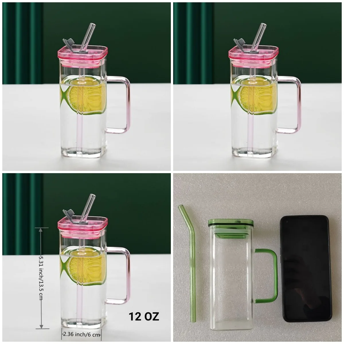 Taza de cristal rosa de 6 colores cuadrados, borosilicato, con soporte y tapa, café, té, jugo, bebida fría, oficina, regalo, 1 ud.