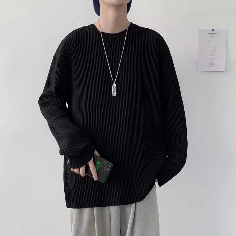 3d Pleated Striped Fashion O Neck Men Sweatshirt 2022 Autumn New Long Sleeve Street Casual Oversized Clothes Korean Harajuku Top