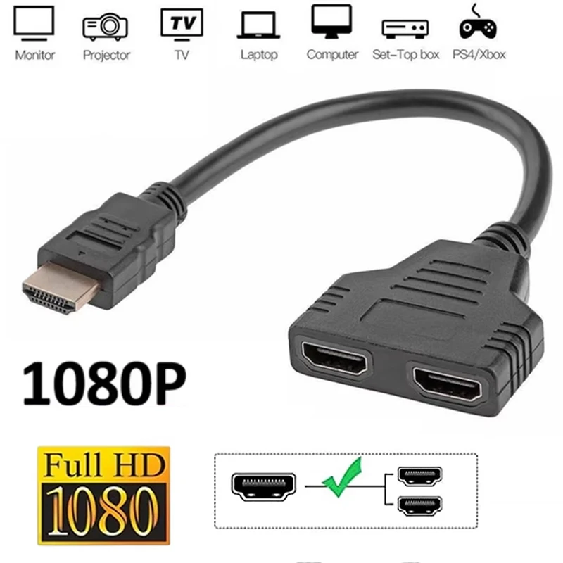 HDMI-kompatibler Splitter-Adapter 1 Eingang 2 Ausgänge Kabel Stecker auf Dual-Buchse 1080P 4K 3D für Laptop, TV, Monitor, PC, Display-Box-Konverter