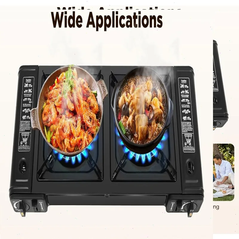 Tragbarer Campingkocher mit zwei Brennern und Tragetasche, 2500 W x 2 gasbetrieben, effizient, für Kochen im Freien, Picknicks und Grillen