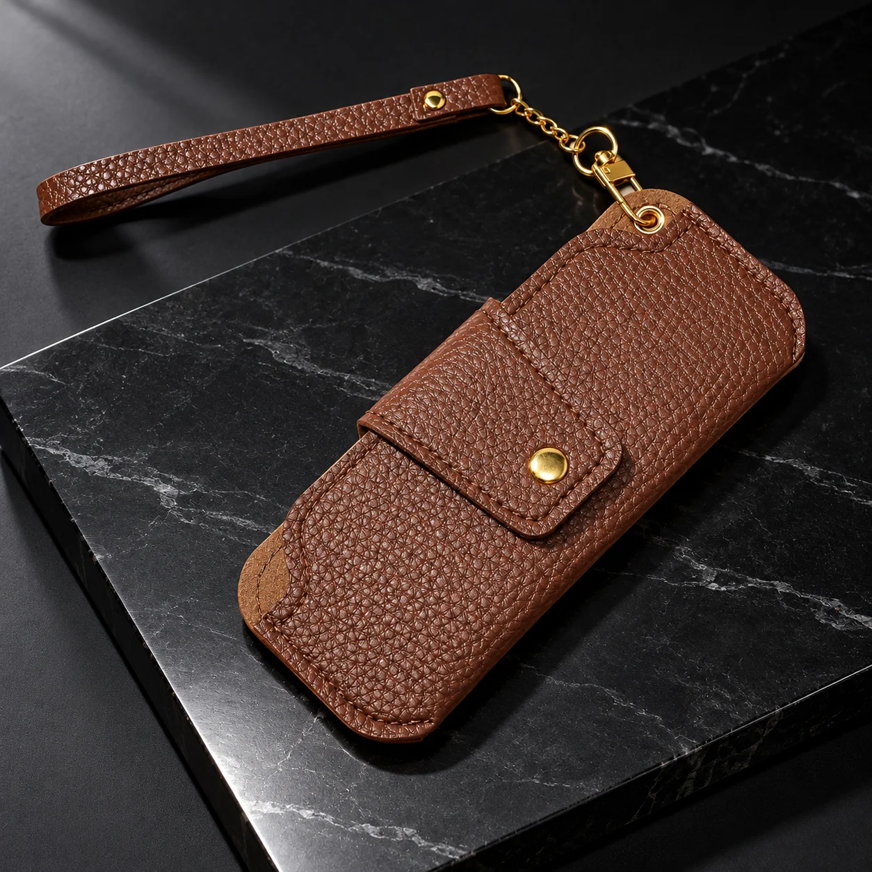 1pc PU Leather Glasses Case With Wrist Strap Snap Button Portable Soft Eyeglass Holder Storage Pouch for Men Daily Travel Office