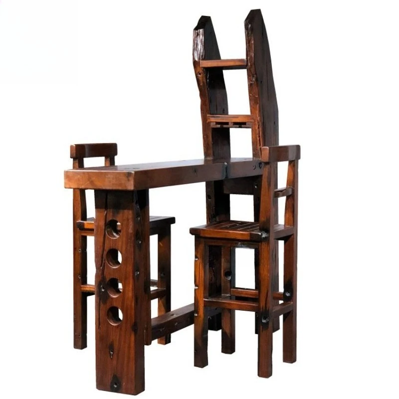 Household small bar high table, modern antique pure solid wood partition living room bar wine cabinet