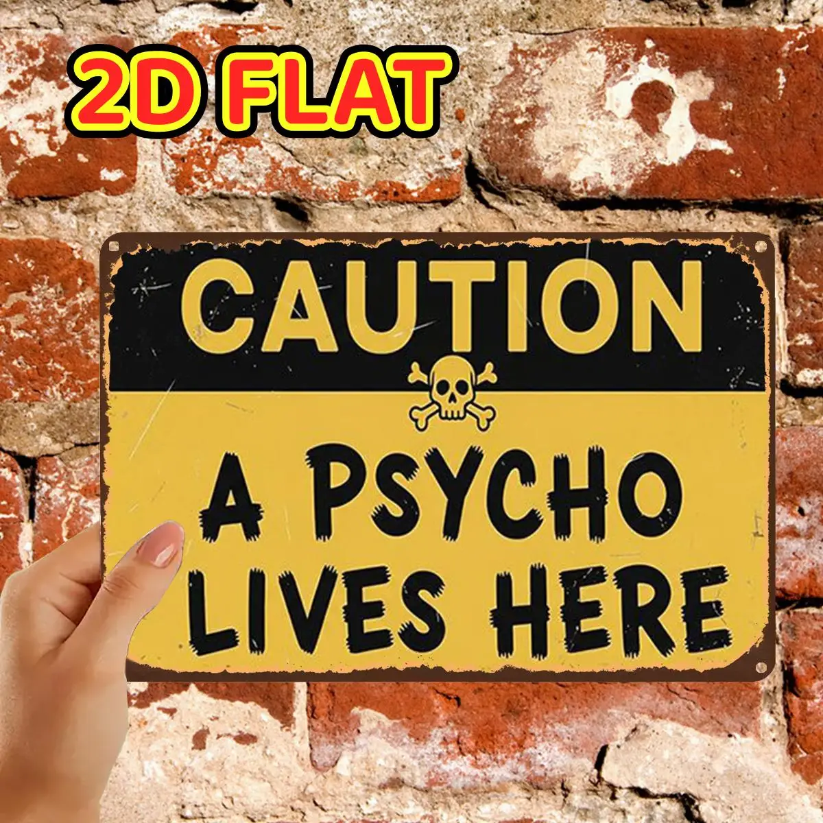 2D Flat,1pc,Retro VintageCaution A Psycho Lives Here SignMetal Tin Sign, Pre-Drilled Holes, Suitable for Indoor, Garden,Outdoor