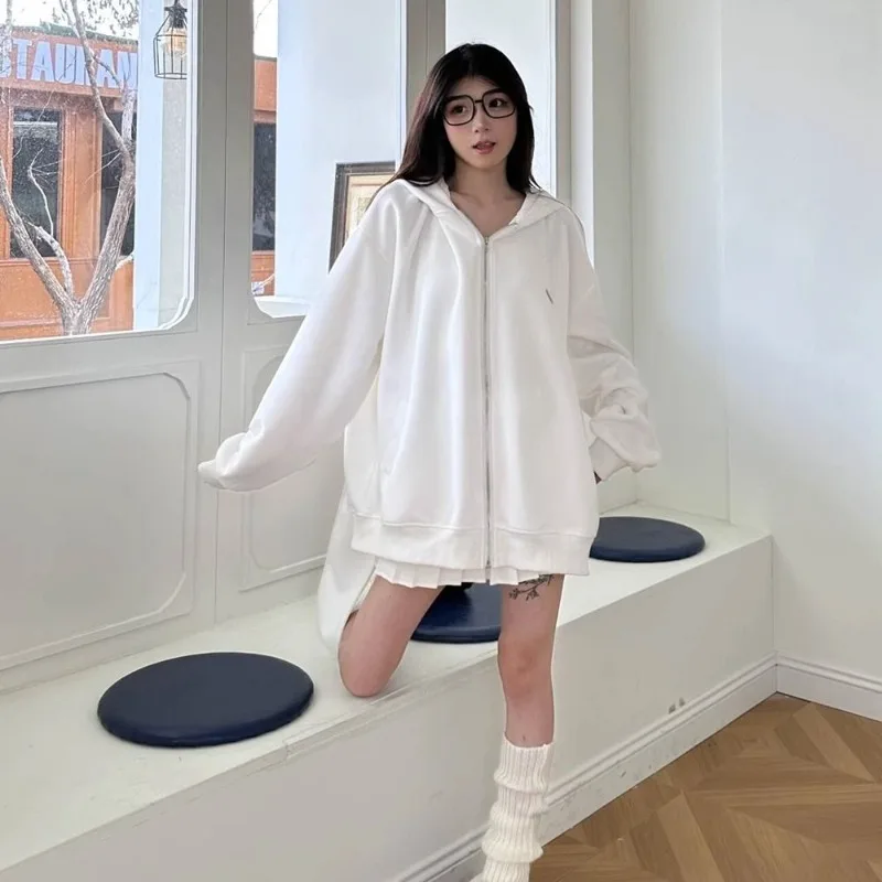 Damska kurtka z kapturem w stylu koreańskim, urocza, luźna, średniej długości, na wiosnę i jesień 2025, odzież damska.