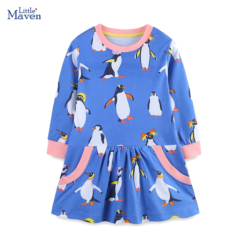 Little maven Children's Clothing Kids Clothes 2024 Autumn Spring Girls Long Sleeves Cartoon Penguins Casual Dress Cotton