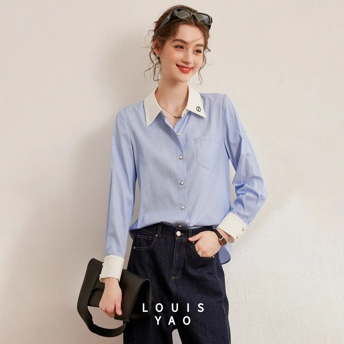 

LOUISYAO Patchwork Embroidery Women's Shirt 2025 Spring Autumn Fresh Non-Stretch Contrast Cardigan Long Sleeve Blouses Tops