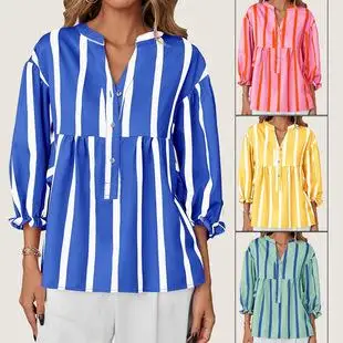 Feminino listrado bolha sve solto irt primavera verão novo sle commute sle fino longo sve poliéster casual topo