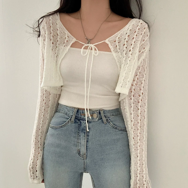 Korean Sle Chic Summer Loose Long Sve round Ne Knitted Sun Protection Top Women's Faion  Knot Hollow out