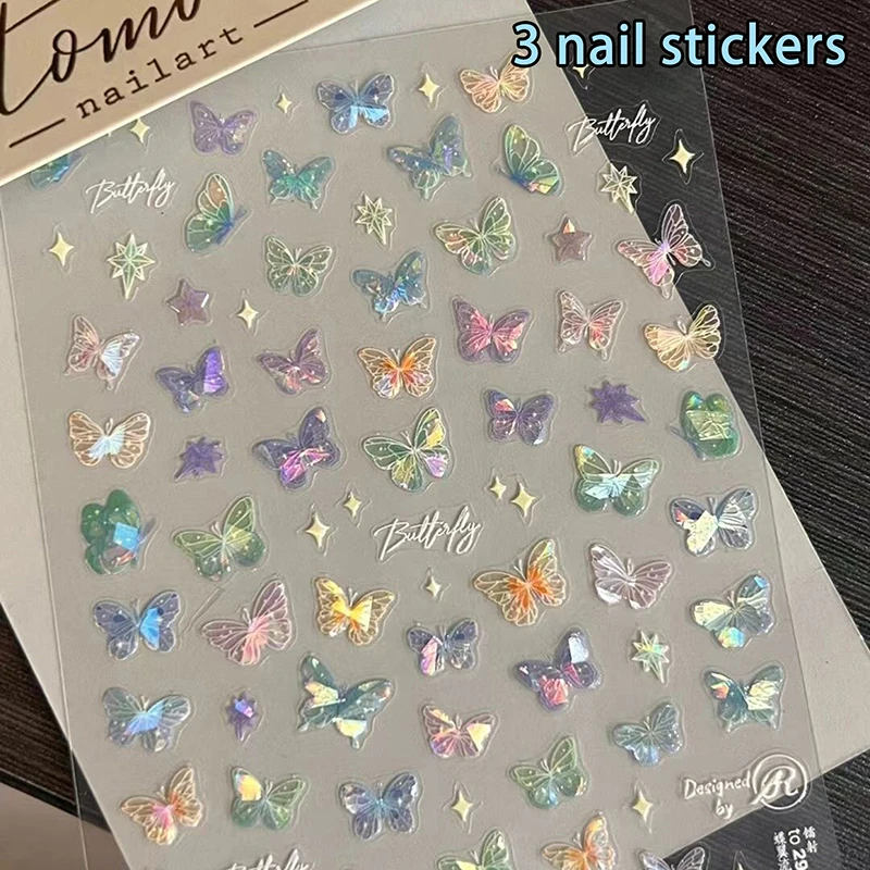 Pegatinas de mariposa con purpurina 5D para uñas, 1 piezas, Kawaii, Aurora, dijes para decoración de uñas, calcomanías, parche adhesivo para manicura DIY