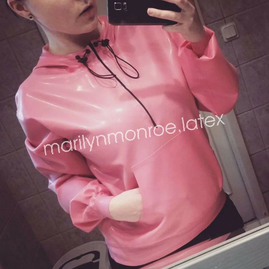 

100%Latex Gummi Rubber Casual Pink Hoodie Top Comfortable Coat Size XXS-XXL