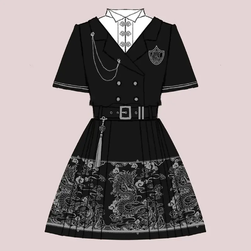 Yuncheng-Han Elemento Bordado Top e Meia Saia, Vestido Manga Longa, Vestido Kawaii Maid, Conjunto JK, Duas Peças, Estilo Chinês, Diário