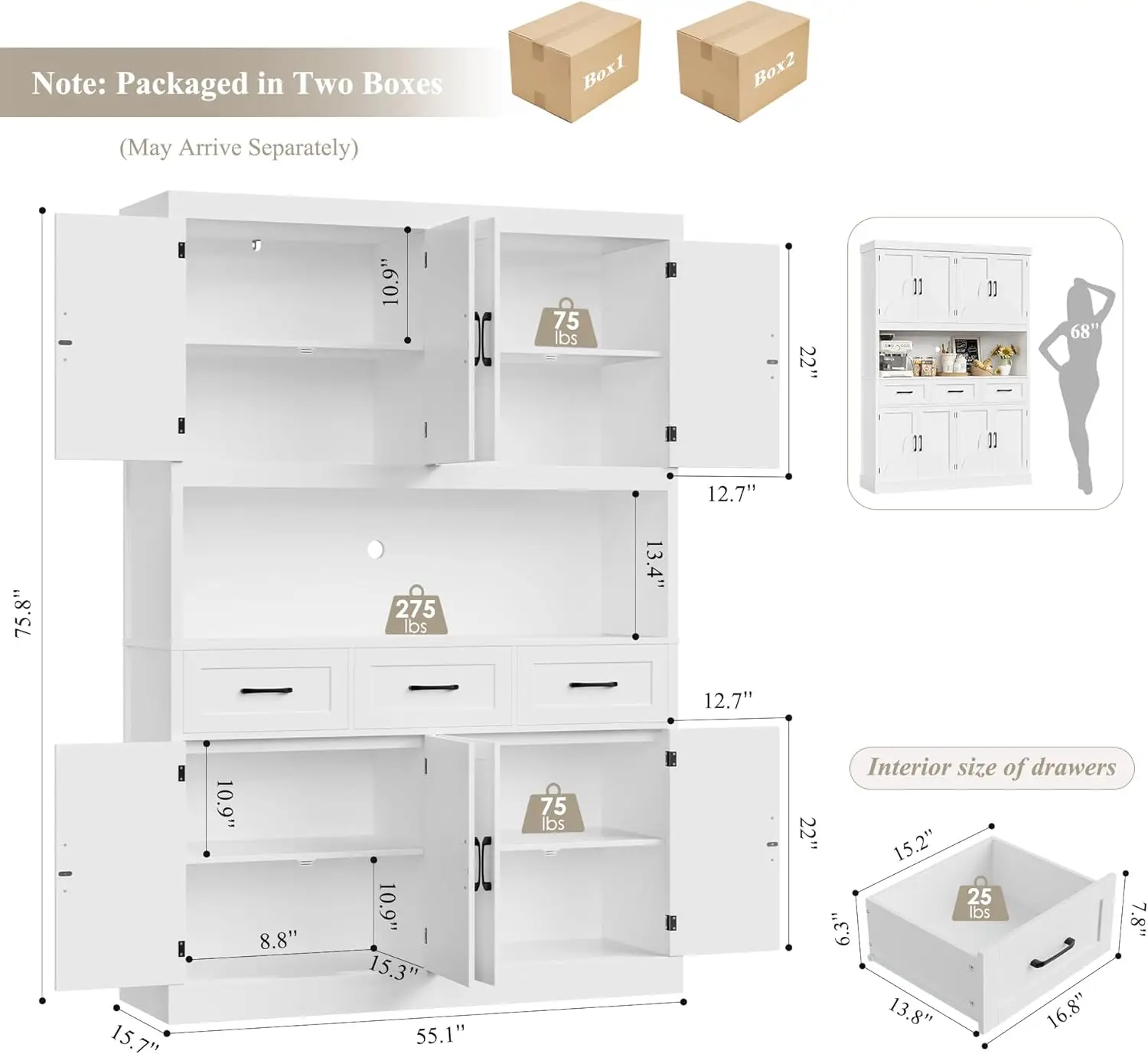 

Шкаф для хранения кладовой высотой 76 дюймов, широкий кухонный шкаф шириной 55 дюймов с ящиками для хранения, большая пищевая кладовая с подставкой для микроволновой печи