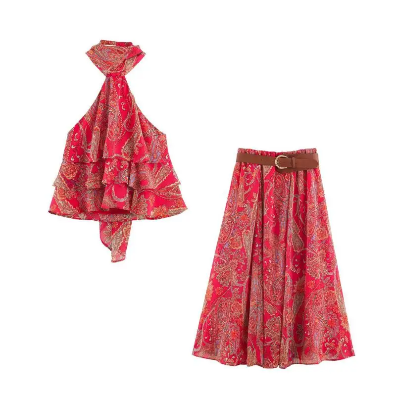 Maxdutti Southern French Elegant Autumn Paisley Printed Bow Halter Neck Sexy Shirt Blouse Top Belt Skirt Sets Woman Clothing
