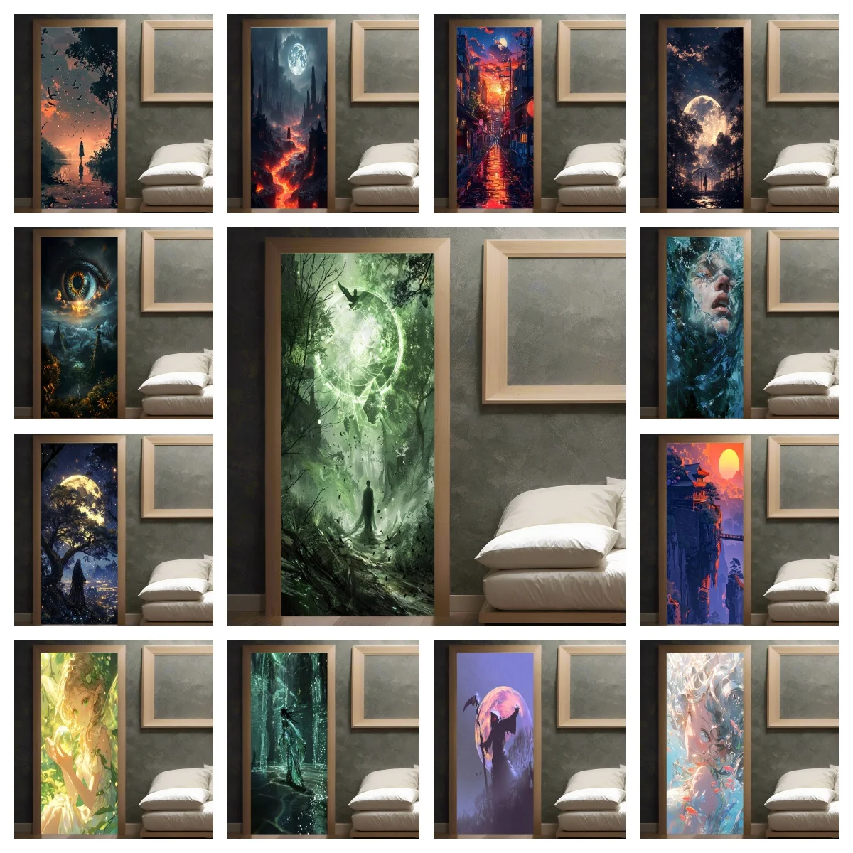 Dark Fantasy Art Door Mural Decal Self‑Adhesive PVC Magical Moon Night Magic Forest Scene Door Sticker Home Renovation Decor