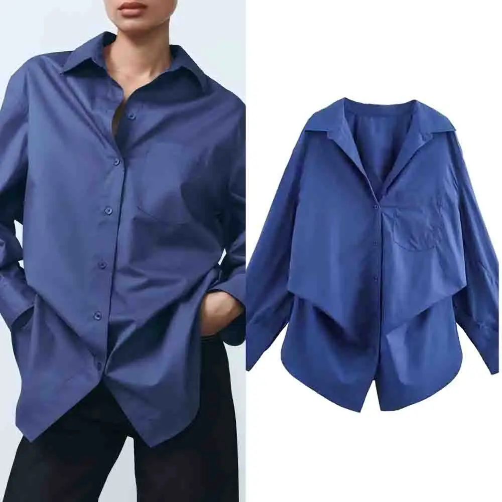 

Women's New fashion pleated design loose poplin shirt casual solid button up shirt retro long sleeved women's shirt chic top