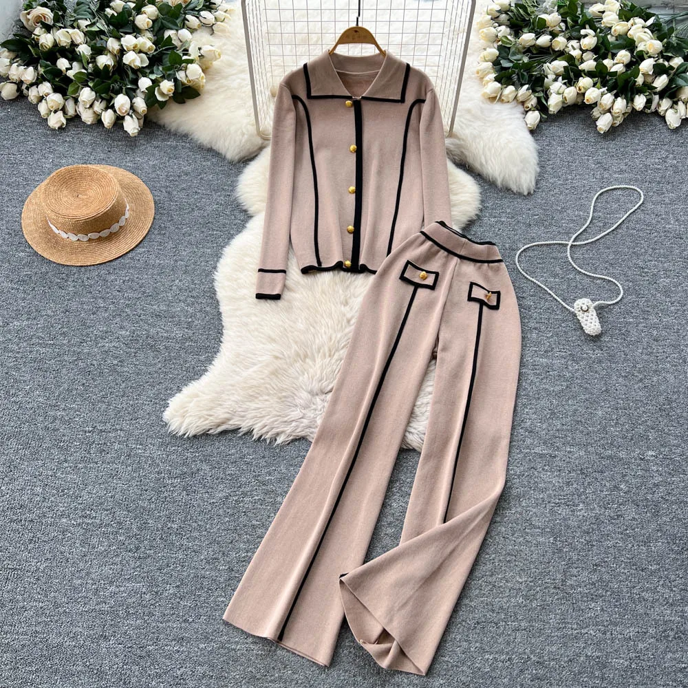 

Women's Fashion Metal Buckle Polo Collar Long-Sleeved Knitted Top High Waist Wide Leg Straight Pants Two-Piece Set