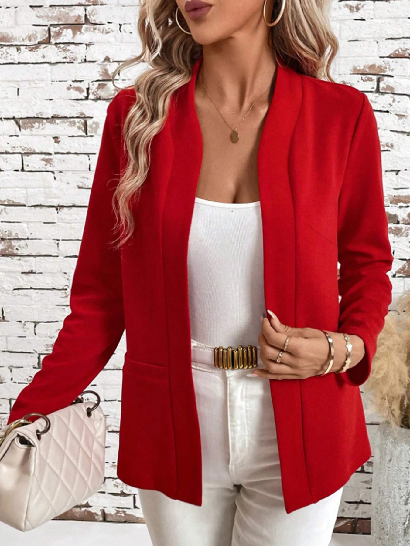 Toto elegantní červené sako bez knoflíků pro ženy na podzim a zimu je zeštíhlené a všestranné, vhodné na dojíždění. - náhled 4