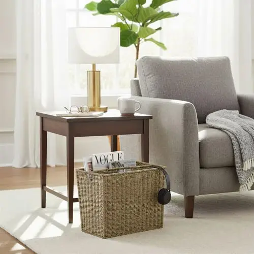 

Natural Seagrass Wicker Magazine Storage Bin With Metal Reinforced Structure, Built-In Handle And Partition, Lightweight Modern