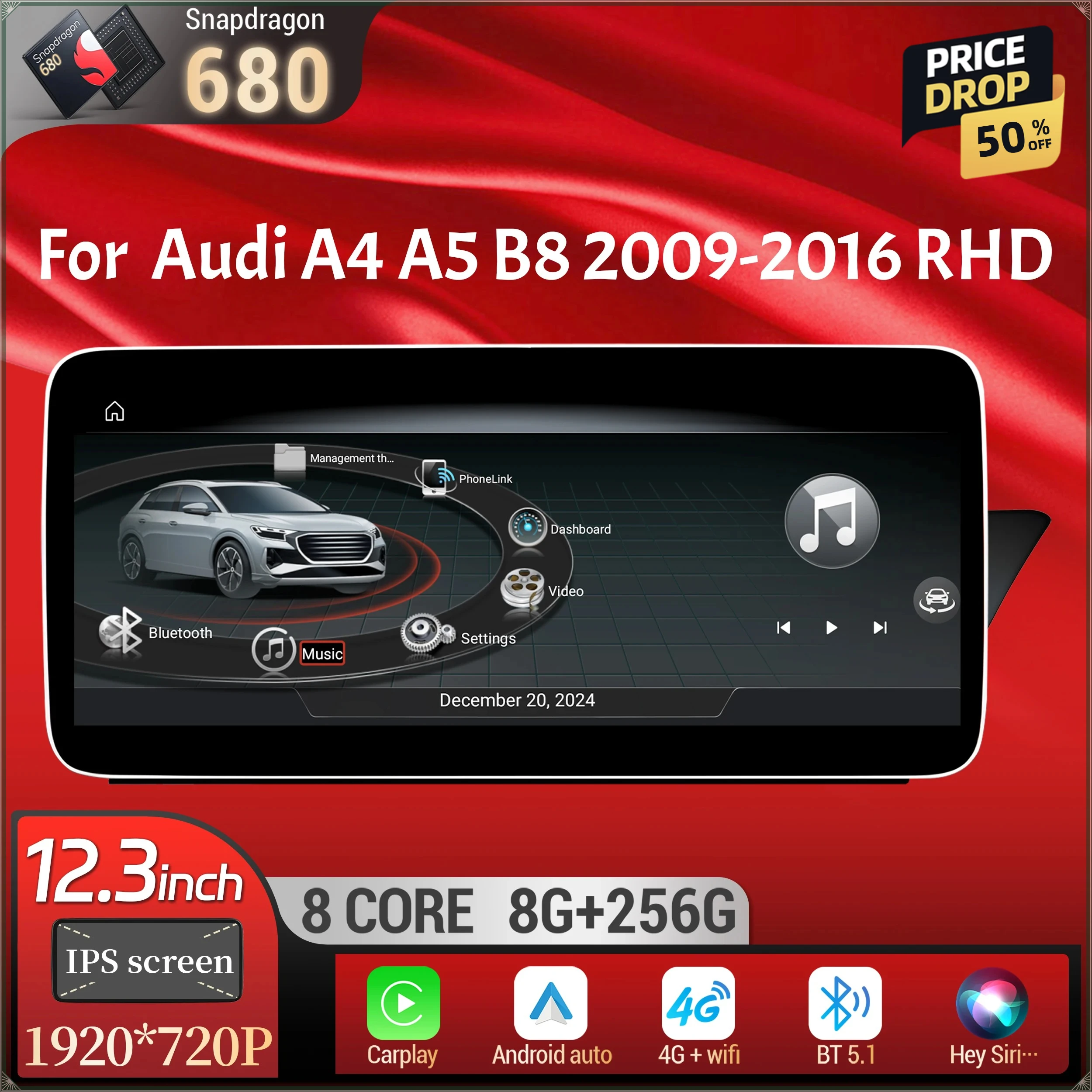12.3 inch For Audi A4 A5 B8 2009-2016 Right Hand Drive Android 14 Car Radio BT Carplay Qualcomm Snapdragon 680 Head Unit Screen