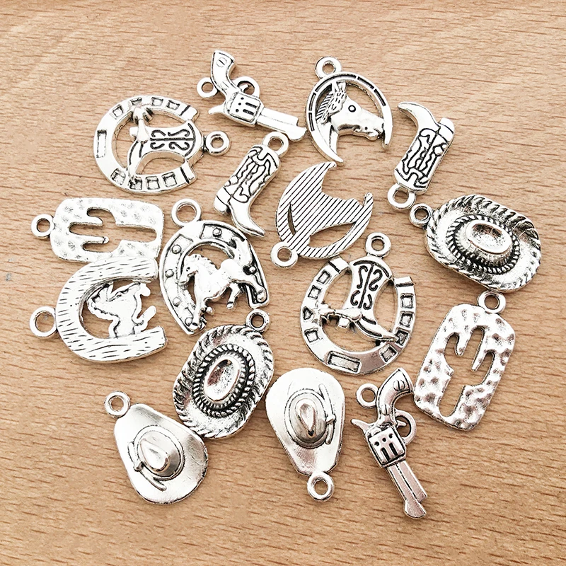 20pcs/lot Tibetan Silver Color Cowboy Hat Shoes Charms Pendant Handmade Craft for DIY Necklace Bracelets Earrings Jewelry Making