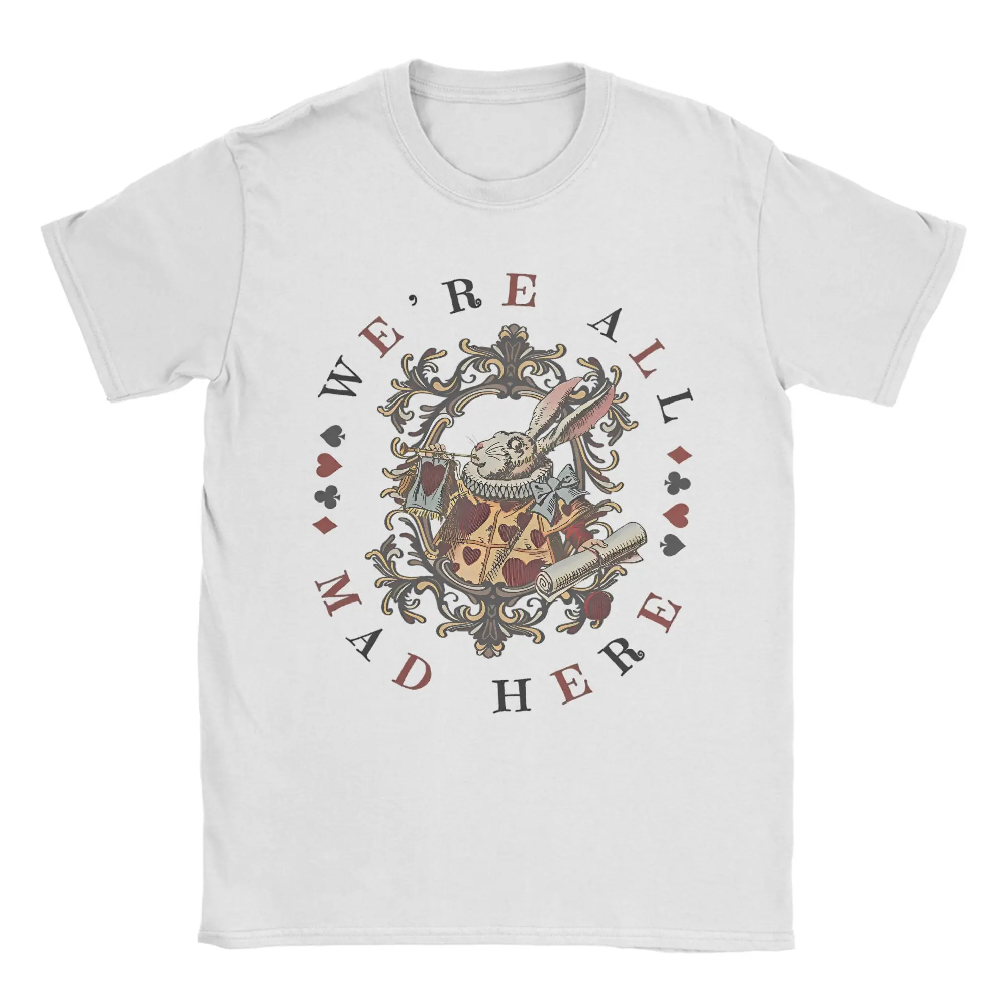 

Men Alice in Wonderland All Mad Here T Shirt White Rabbit Cotton merch Funny Short Sleeve Crewneck Tees Plus Size T-Shirt