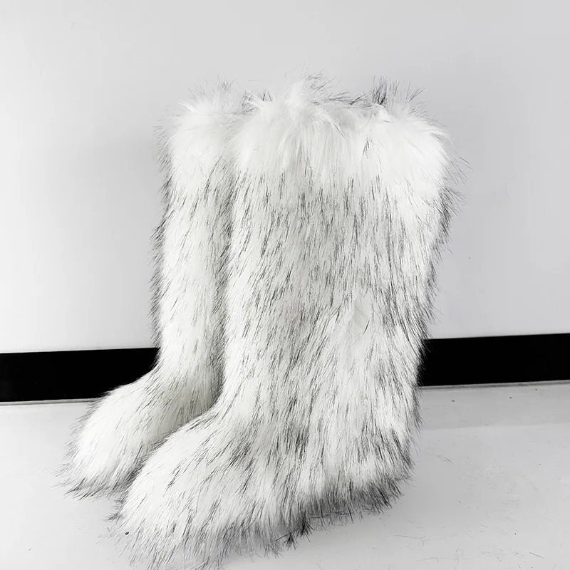 IPPUEM الركبة عالية الفراء المنغولية الأحذية للنساء الشتاء حجم كبير 46 2025 جديد كعب مسطح الثلوج أحذية طويلة أفخم الأحذية