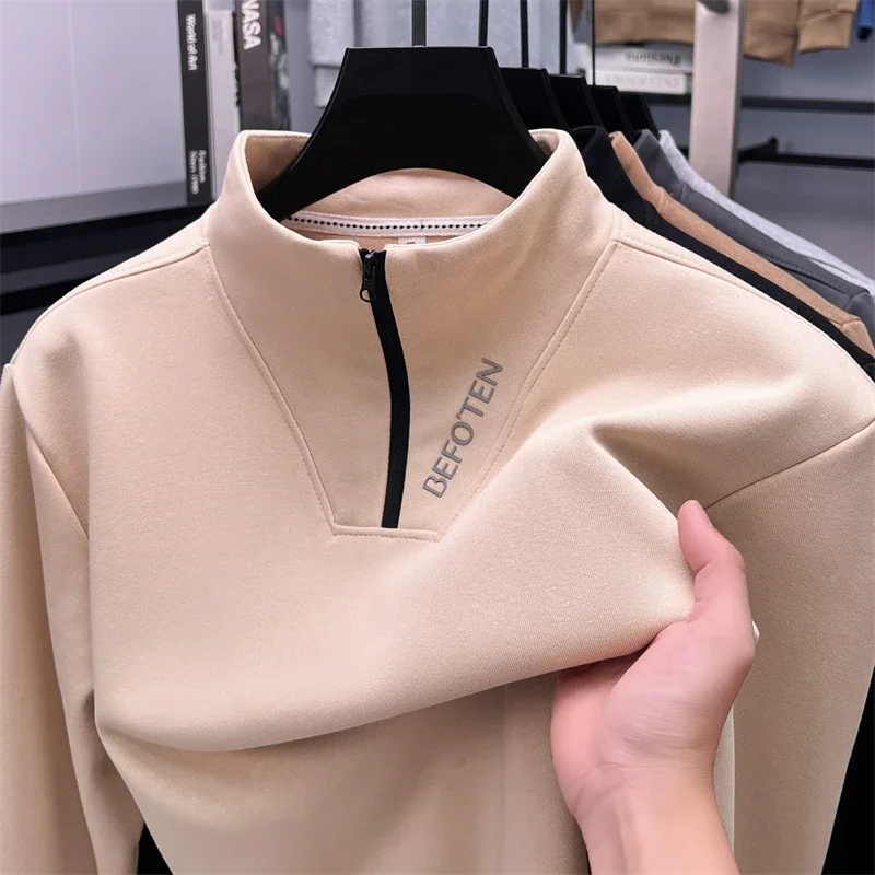Autumn and Winter Men's Velvet Hoodie Long Sleeve High Collar Zipper T-shirt Solid Color Fashion Casual Versatile Top
