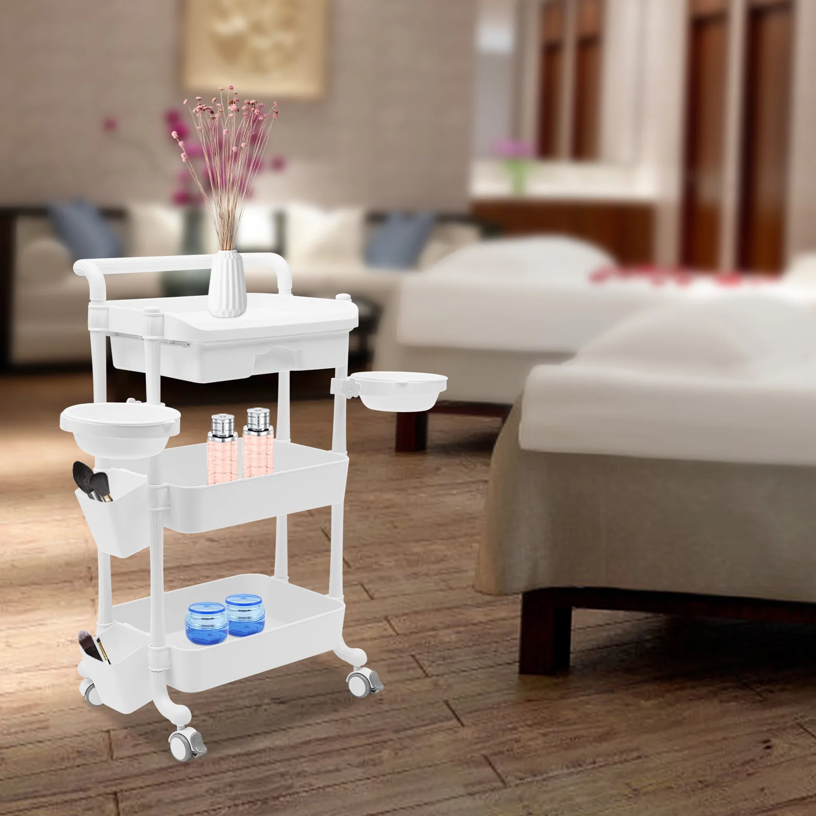 

3 Tier Beauty Salon Rolling Trolley Wheelcart Utility Carts with Dirt Buckets Drawers 360°Rotate Wheels