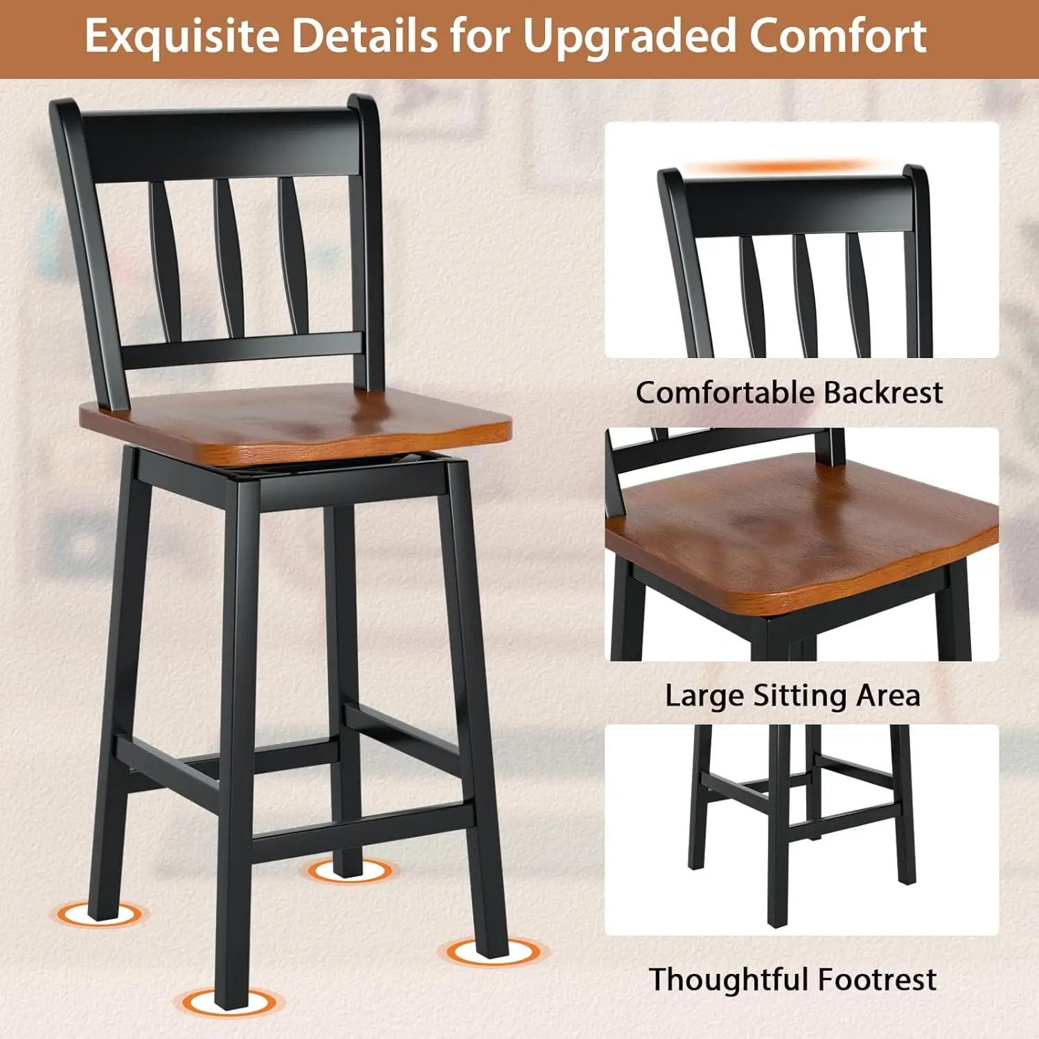 Costway Bar Stools Set Of 4, 24.5 Inch Solid Rubber Wood Bar Chairs With 360 ° Swiveling, Footrest, Swivel Counter Height