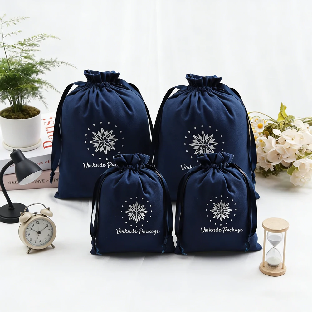 

Navy Velvet Flannel Jewelry Gift Bag Packaging Drawstring Bags Soft Travel Earrings Perfume Cosmetic Large Storage Dust Pouches
