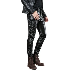 Men's Fashion Skinny Leather Pants With Bandage Punk Style Windproof PU Trousers Faux Leather Biker Motorcycle Bottoms