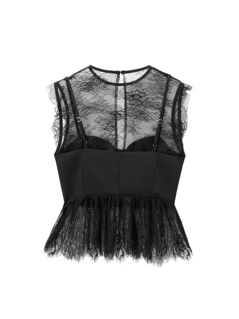 Topenomi Lace Sleeveless Crop Top Women 2025 New Sexy Round Neck Slim Fit Y2k Blouse Korean Temperament Nightclub Shirt Blusas