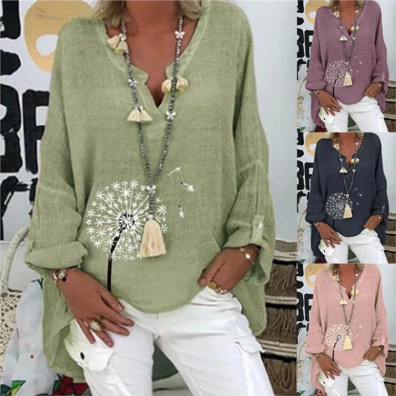 Female's New Shirts 2024 Printing V-neck Long Blouses Casual Loose Elegant Temperament Long Tees For Ladies Spring Pullover Tops