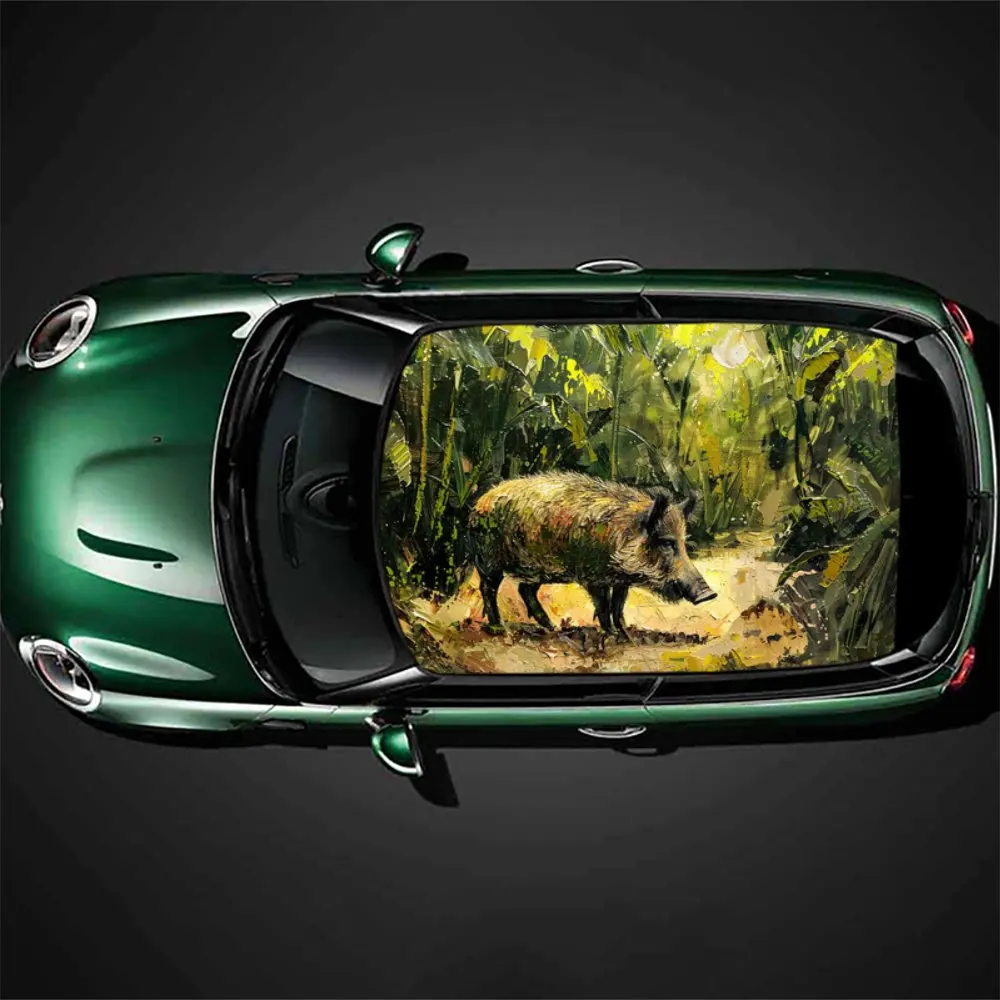 Walking Wild Boar Under Banana Tree Car Roof Sticker Wrap Racing SUV Auto Accessories Packaging PVC Car Hood Graphic Decal Decor