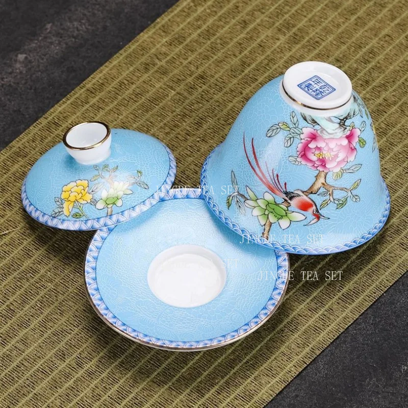 6 Colors Retro Enamel Color Gaiwan Scratch Glaze Background Magpie Peony Painting White Porcelain Tea Brewing Cup Tea Ceremony