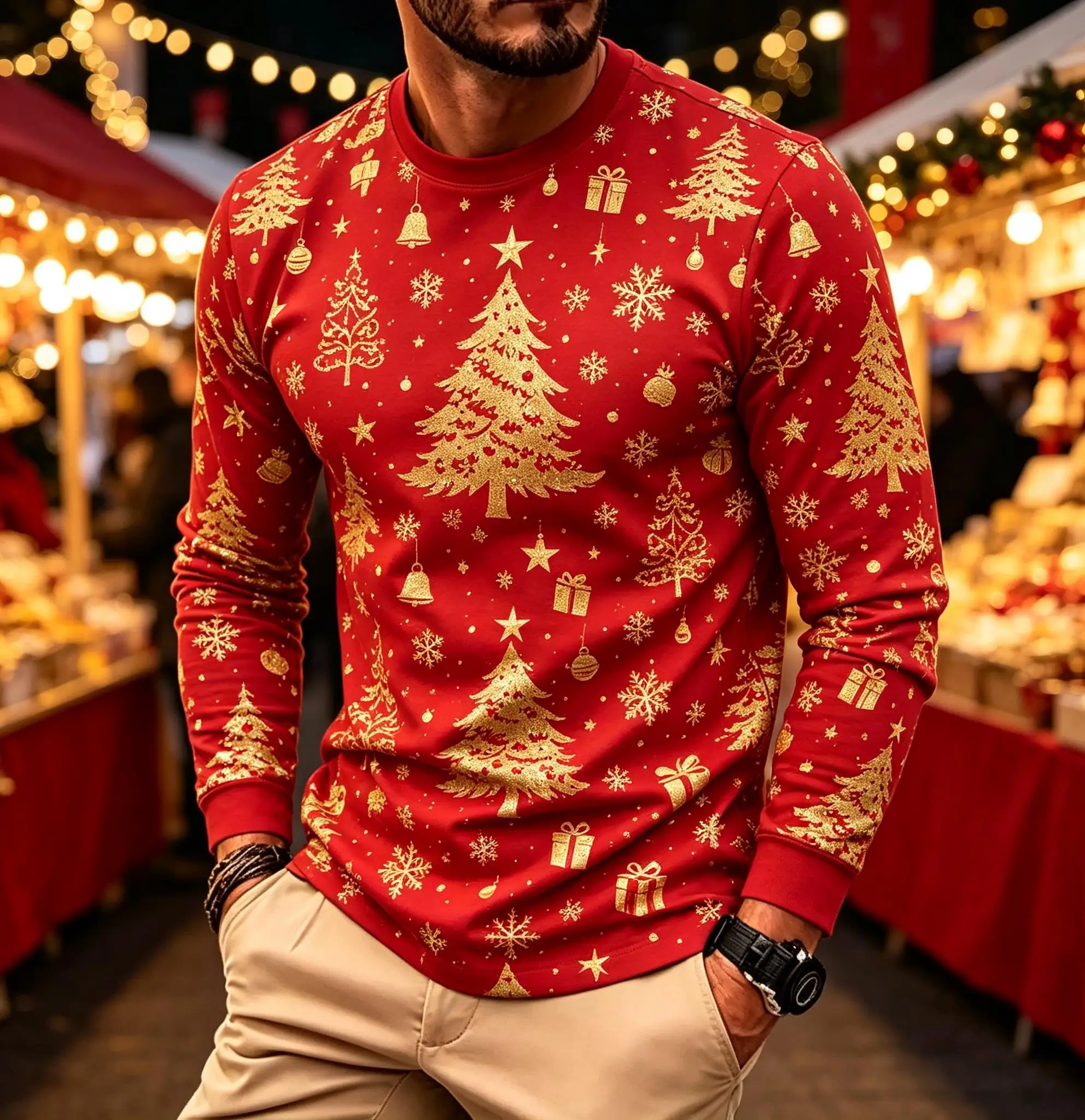 Men Red Golden Christmas Tree Snowflake Gift Full Print Long Sleeve T-shirt, Holiday Crew Neck Casual Top