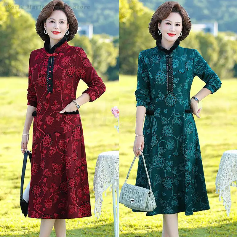 

Winter Thicken Cheongsam Print Flower Improved Qipao Large Size 5XL Dresses Female Elegant Vintage Traditional Qipaos Vestidos