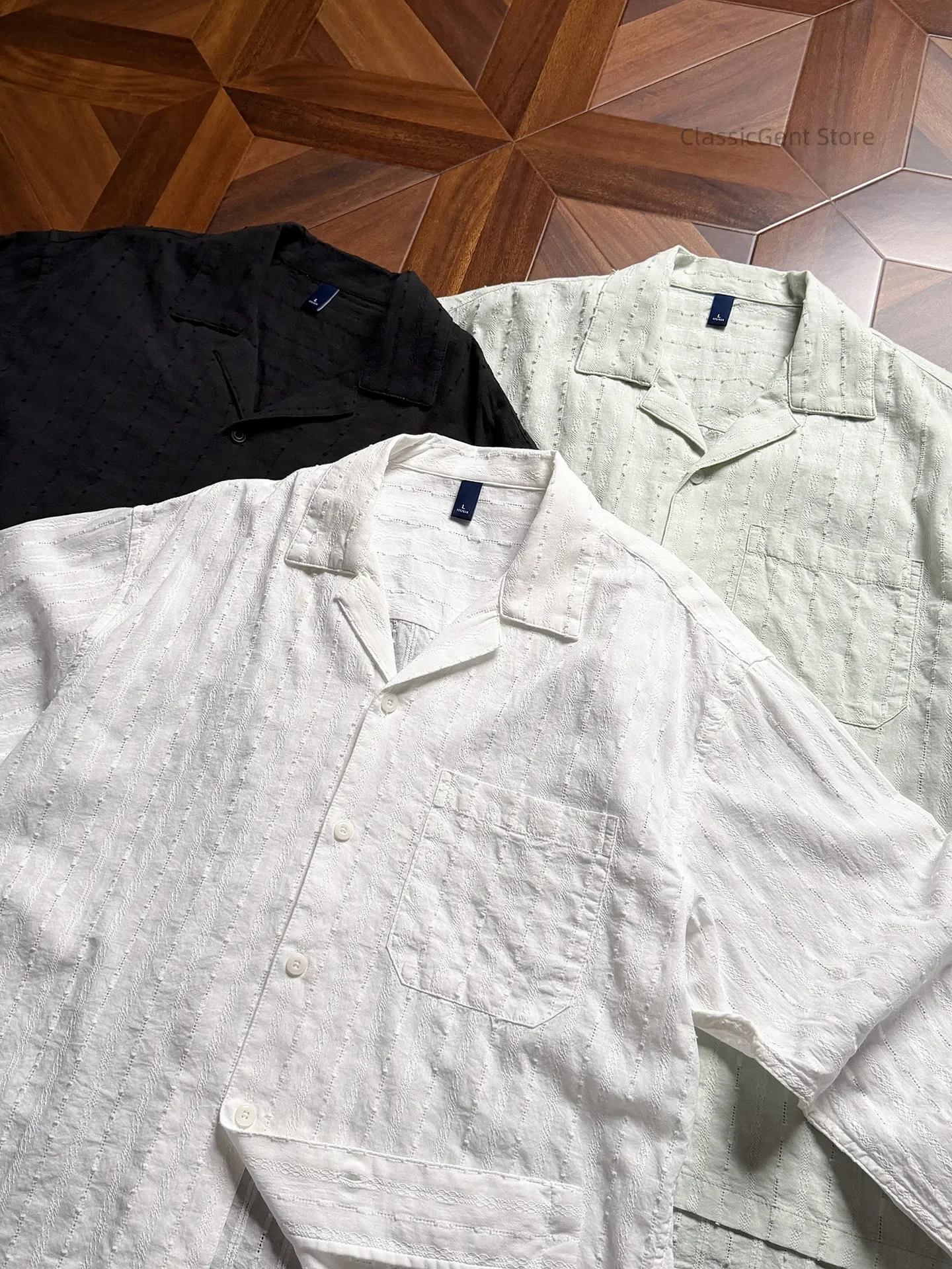 New Classic Cuban Collar 40 Cotton Dark Texture 4.2OZ White Long Sleeve Shirt