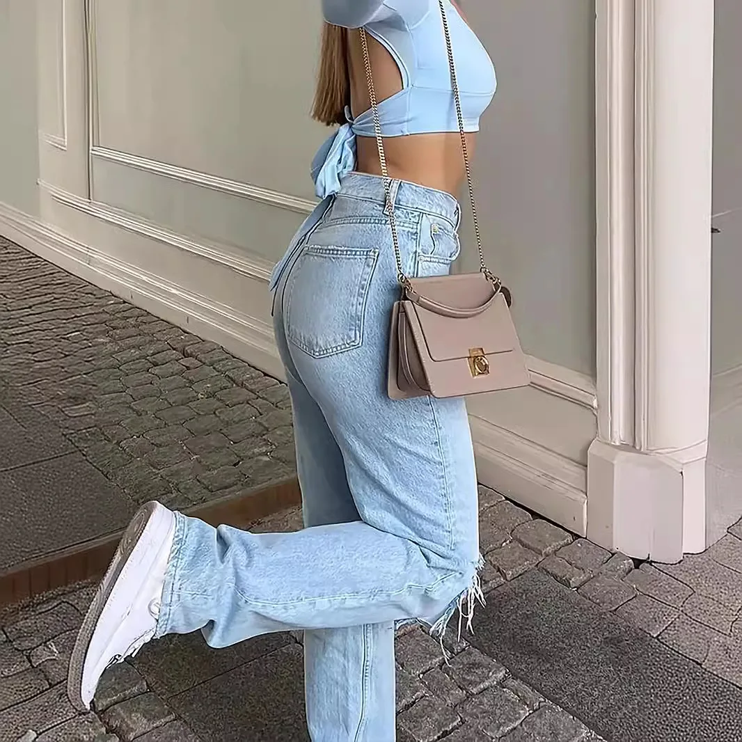 High quality women's high-waisted comfortable and loose wide-leg denim pants women's slimming distressed casual pants jeans