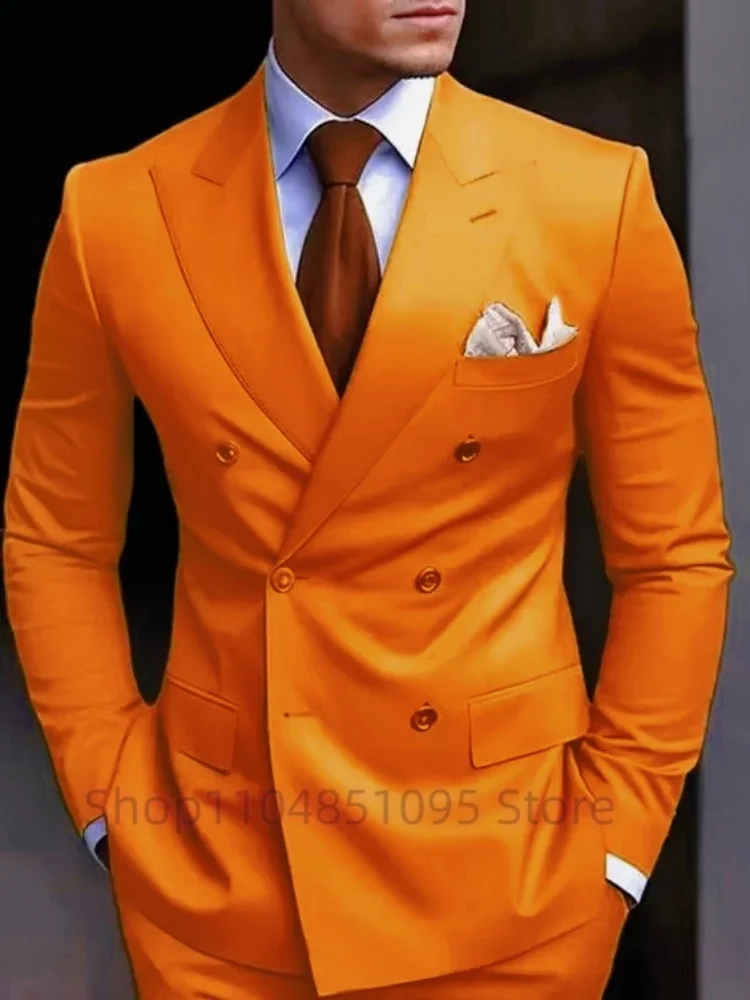 

Fashion Orange Men Suits Slim Fit Double Breasted Peak Lapel Blazer Pants 2 Pieces Luxury Business Party Wedding Tuxedos for Men