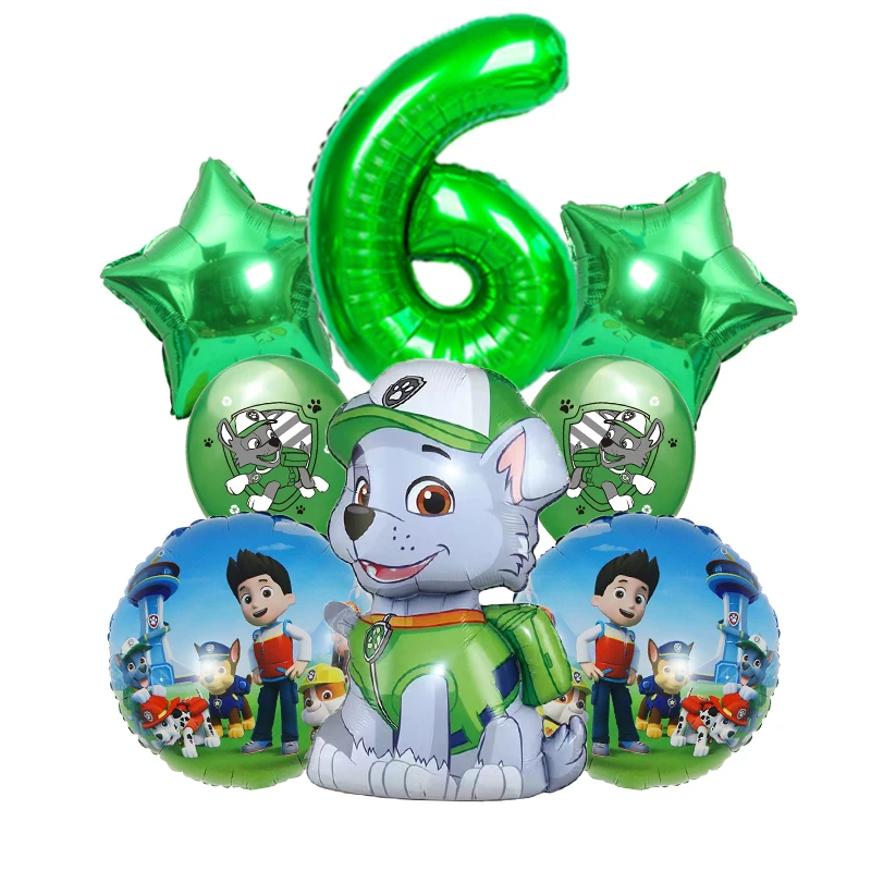 8pcs Paw Patrol Rocky Birthday Balloon Set Green Number 0-9 Star Foil Latex Balloons for Birthday Party Decor Supplies - view 6