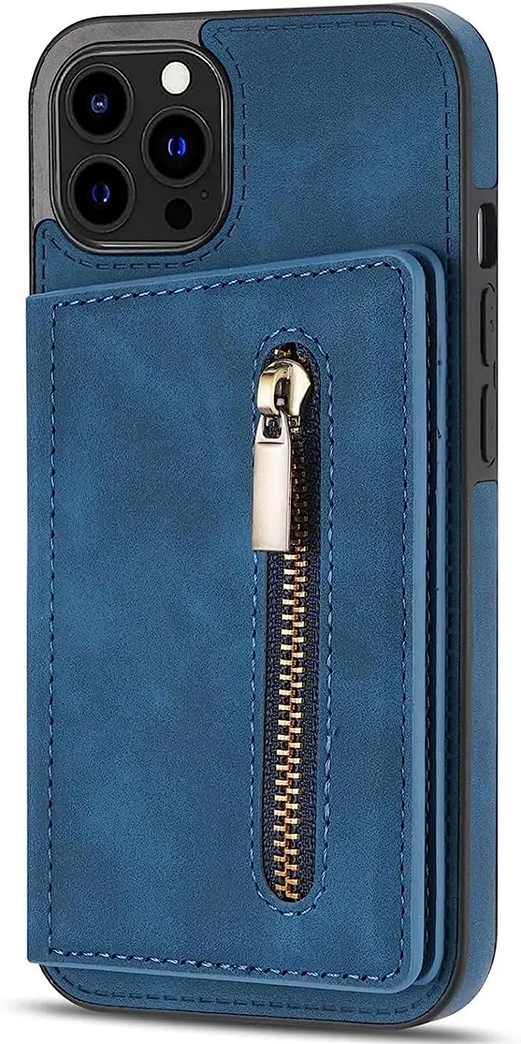 

Case for iPhone 14 PU Leather Case Zipper Pocket Wallet Cover with Card Slots Magnetic Clasp Kickstand TPU Bumper Shockproof