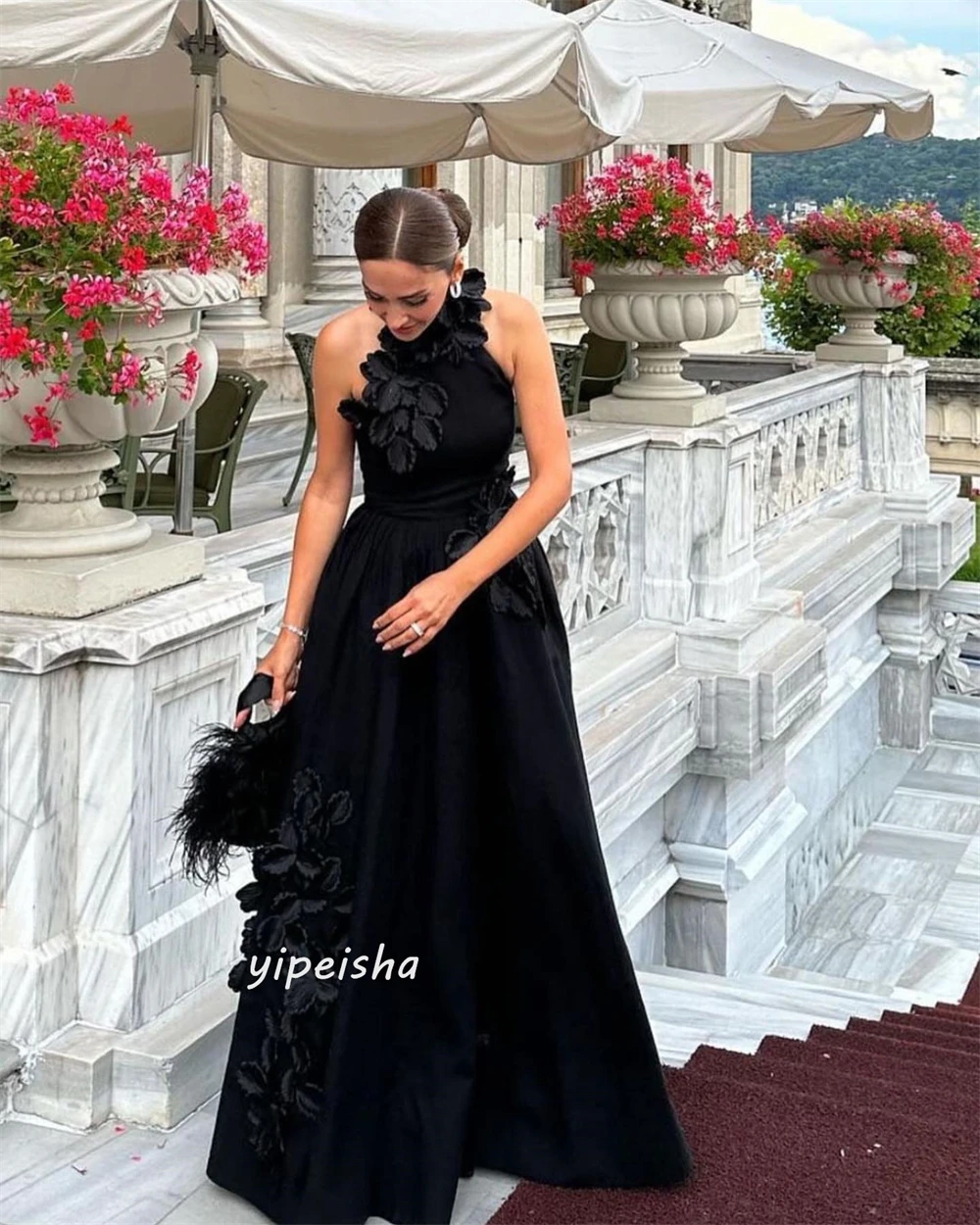 Customized High Quality  Exquisite Halter A-line Flowers Floor-Length Satin Bespoke Occasion Dresses Evening