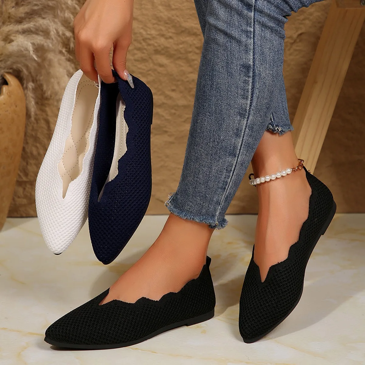 Women's Ballet Flats Knitting Casual Shoes Slip-on Cute Ballerina Pointe Shoes Casual Comfortable flat shoes women