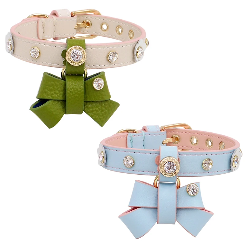 Puppy Collar Personalized Pet Cat Collar Bowtie Diamond Small Dogs Collar Necklace Czech Rhinestone Genuiner Leather Gift Box