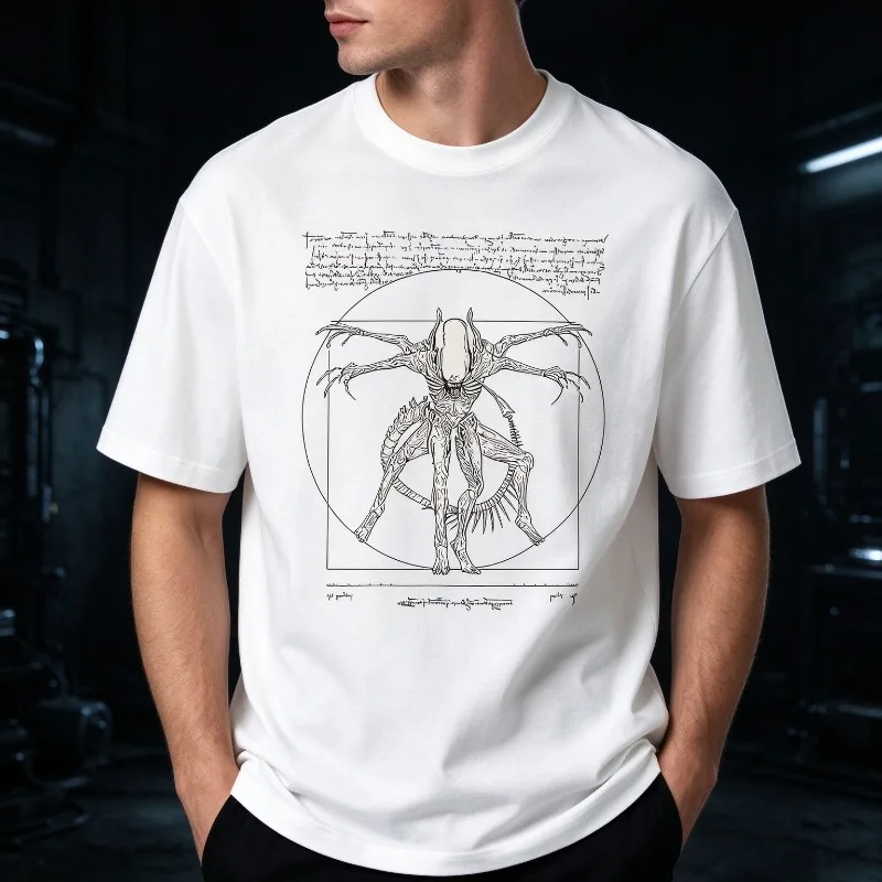 Vitruvian Alien Humanoid Sketch T-Shirt Men Modal Short Sleeve Sci Fi Horror Line Art Casual Tee Dark Aesthetic Gothic Vintage
