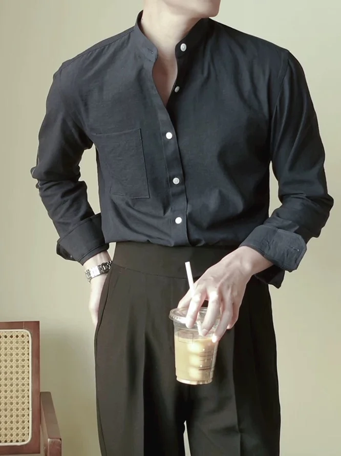 

Slim Fit Cotton Linen irt Men's Long Sve Busin Casual Commute Workwear irt Stand Collar Full Button Plaet C...